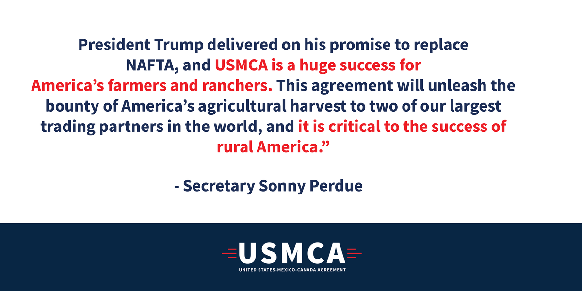 USDA's tweet photo. The House has passed #USMCA by a bipartisan vote of 385-41. @SecretarySonny's full statement: https://t.co/5HLR3tWB9c https://t.co/717S8VCB5b