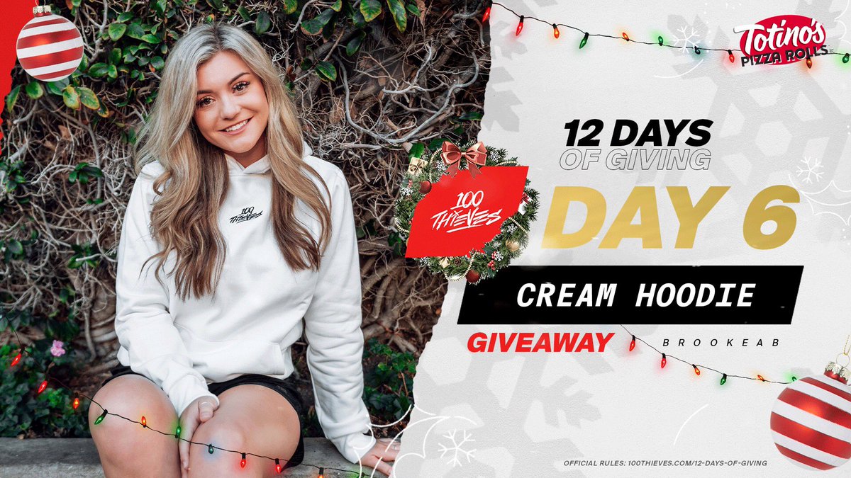 brookeab's tweet image. I'm giving away a cream hoodie for Day 6 of 100 Thieves 12 Days of Giving! 🎁

TO ENTER:
✅ Follow @100Thieves &amp;amp; @brookeab &amp;amp; @Totinos
✅ RT this tweet
✅ Reply with your size

Winner in 24 hrs! Happy holidays! #sweepstakes