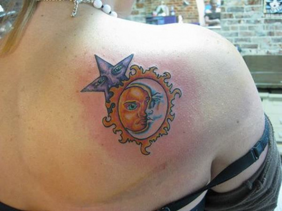 Matching sun moon and star tattoos for mother and