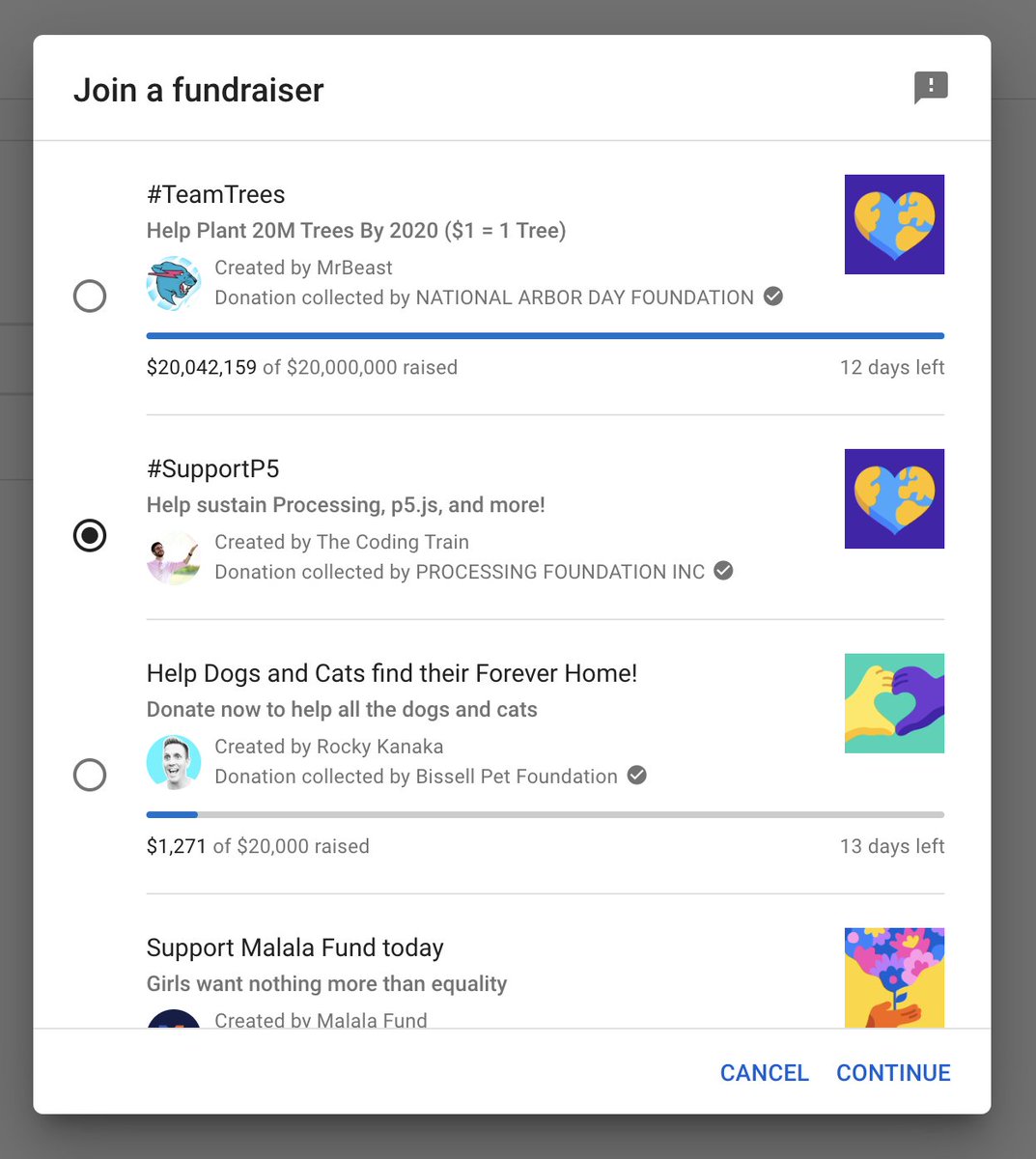 Screenshot showing list of fundraisers include #TeamTrees and #SupportP5