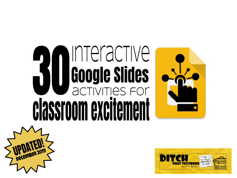 DitchThatTxtbk's tweet photo. 🚨UPDATED POST🚨

30 🤯 interactive Google Slides activities for classroom excitement 🙌

 🗂TONS of templates
 🎲A @wakelet collection of incredible #QRBreakIn games
 👍Activities you can use tomorrow!

https://t.co/TnGt6vQQyl via @jmattmiller
 #ditchbook @GoogleForEdu https://t.co/30fM9SW9eV