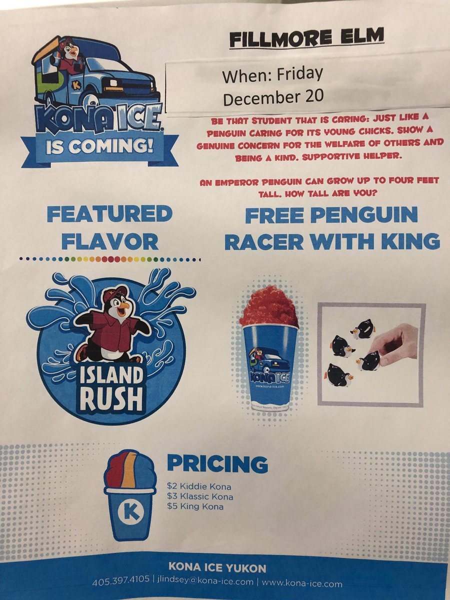 FillmoreOKC's tweet photo. Kona Ice Tomorrow!! If we could have couple parents volunteer to help during Kona Ice contact the office ask for Ms. Sanchez 405-587-4800 or text her to let her know what times you are available 405-881-6217. Every help is greatly appreciated. Thank you parents for all your help! https://t.co/IuRq5sTfdX