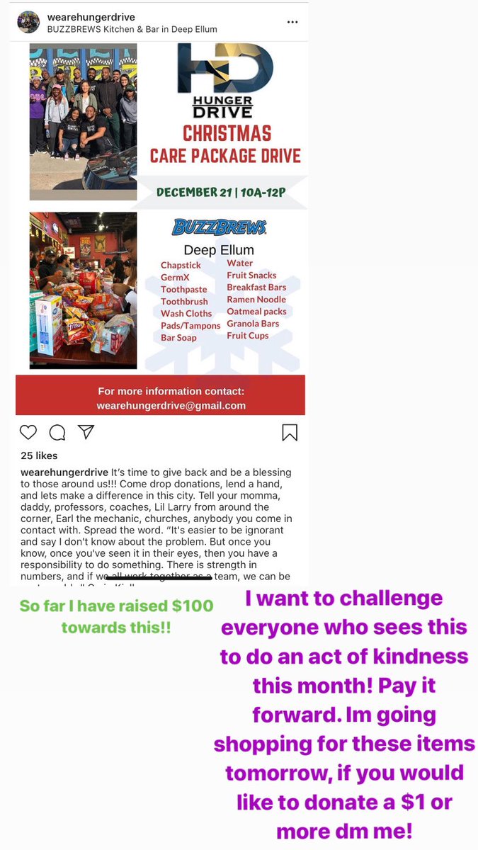 ninagaloree's tweet photo. So far I have raised a little over $100 to go towards buying stuff for the care packages!! If you would like to donate your time, spare change, or items please dm me. Stay blessed π #payitforward #carepackagedrive #hungerdrive #DallasTX #pleasert https://t.co/qTnzvj0NSe