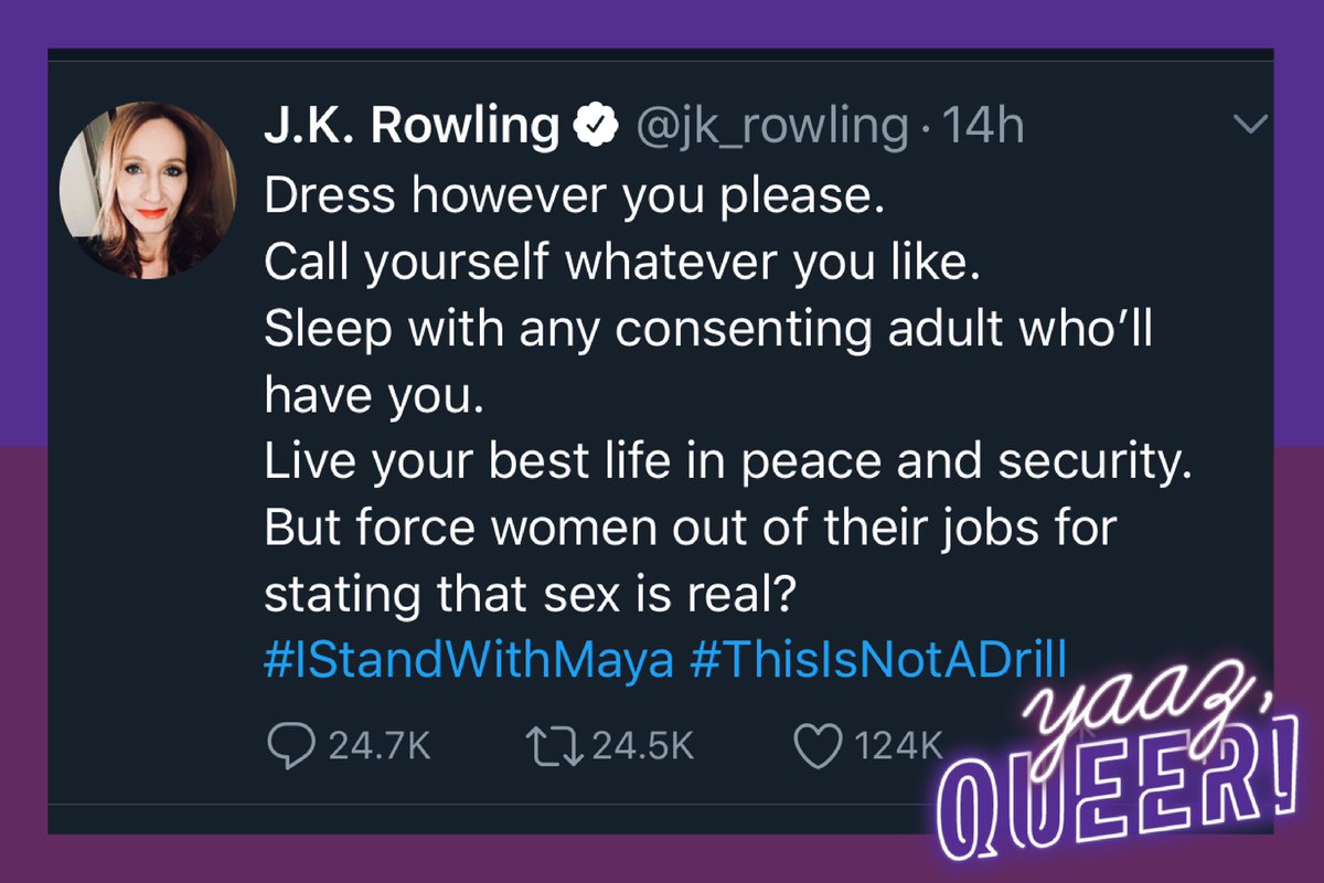 yaazqueer's tweet photo. 🦄¡AMIQUEERS!🦄

@jk_rowling nos acaba de lanzar un Petríficuls Totalus.

Una chica llamada Maya Foster fue despedida de su trabajo por expresarse transfóbicamente, a lo que Rowling respondió el siguiente tweet:

¿Ustedes qué opinan amiqueers? ¿Rowling VS "Sangre Sucias? https://t.co/I1iNTnFjGH