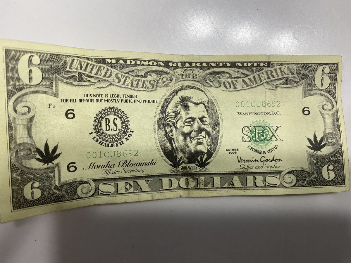 In honor of impeachment, Emily from Lewisburg, who brought this to our Nashville show tonight, presents the height of 90s political humor....a sex dollar Bill. It was a simpler time. A penis-er In honor of impeachment, Emily from Lewisburg, who brought this to our Nashville show tonight, presents the height of 90s political humor....a sex dollar Bill. It was a simpler time. A penis-er