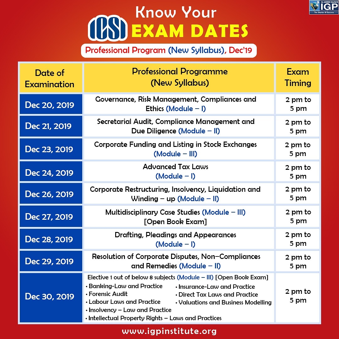 igpclasses's tweet photo. 📣 #ICSI_Examinations December 2019
👉 #Exam_Dates for #CS_Professional (New Syllabus)
#CS #ICSI #ICSIexams #ICSIexamDate #CSstudents #CSexaminations #CAashishkalra #igpclassesca https://t.co/zmN7qSXWDt