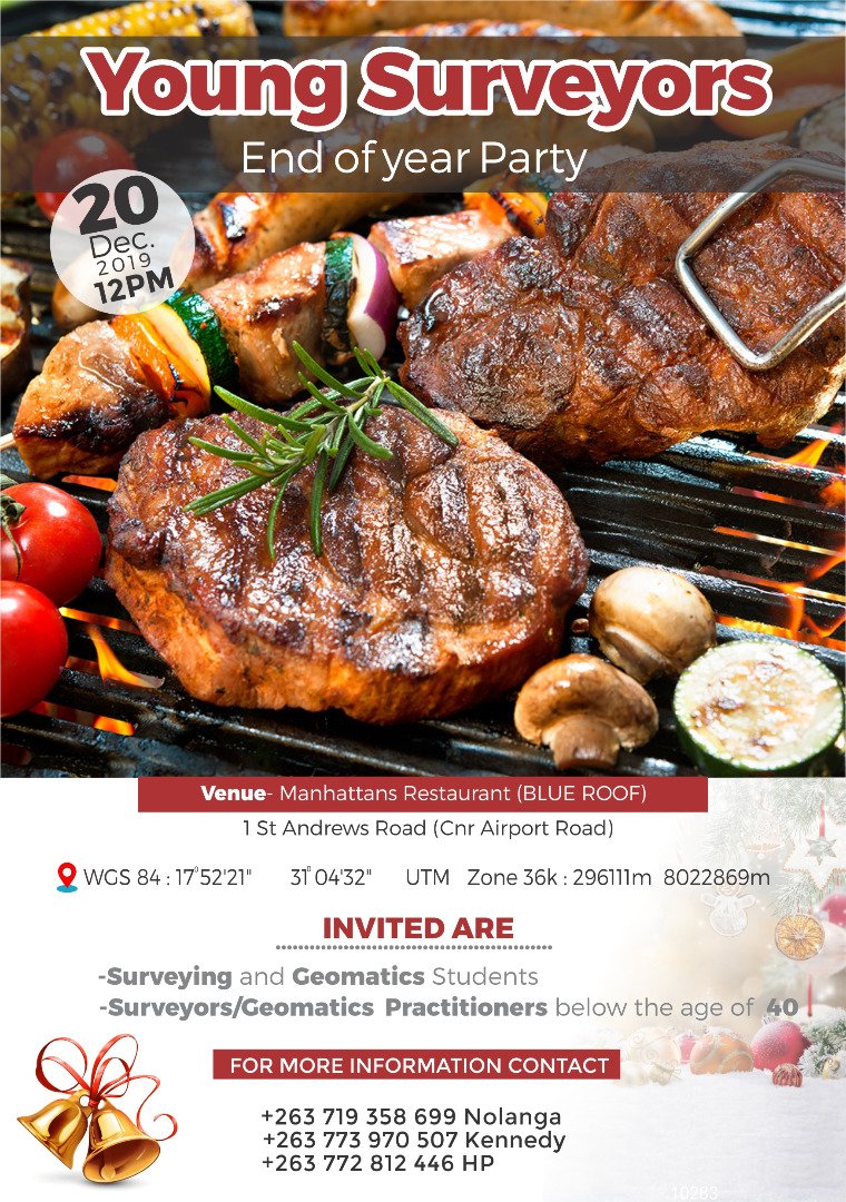 ZimGeoIns's tweet photo. Young Surveyors End of Year Party, today, 20 December 2019
#ZIG
#SIZ
#CLSZ
#DSG
#MSU
#UZ
#HararePoly
#BulawayoPoly
#GU
#CUT
#ZSM
#Young Surveyors, Mappers, Geomatics Engineers, GIScientists, RS & Photogrammetry Specialists are all invited. Thank you LS D Chigumbu for this gift. https://t.co/B1jsYsaYib