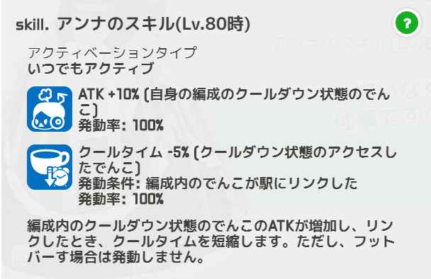 駅メモ 公式 続いてアンナ 編成内のクールダウン状態のでんこのatkが増加し リンクしたときクールタイムを短縮 クールタイムが長いでんこほど より短縮量が大きくなります٩ ۶ なんでもテキパキ進行しないと気がすまないアンナらしいスキルです 駅メモ 公式 続いてアンナ 編成内のクールダウン状態のでんこのatkが増加し リンクしたときクールタイムを短縮 クールタイムが長いでんこほど より短縮量が大きくなります٩ ۶ なんでもテキパキ進行しないと気がすまないアンナらしいスキルです
