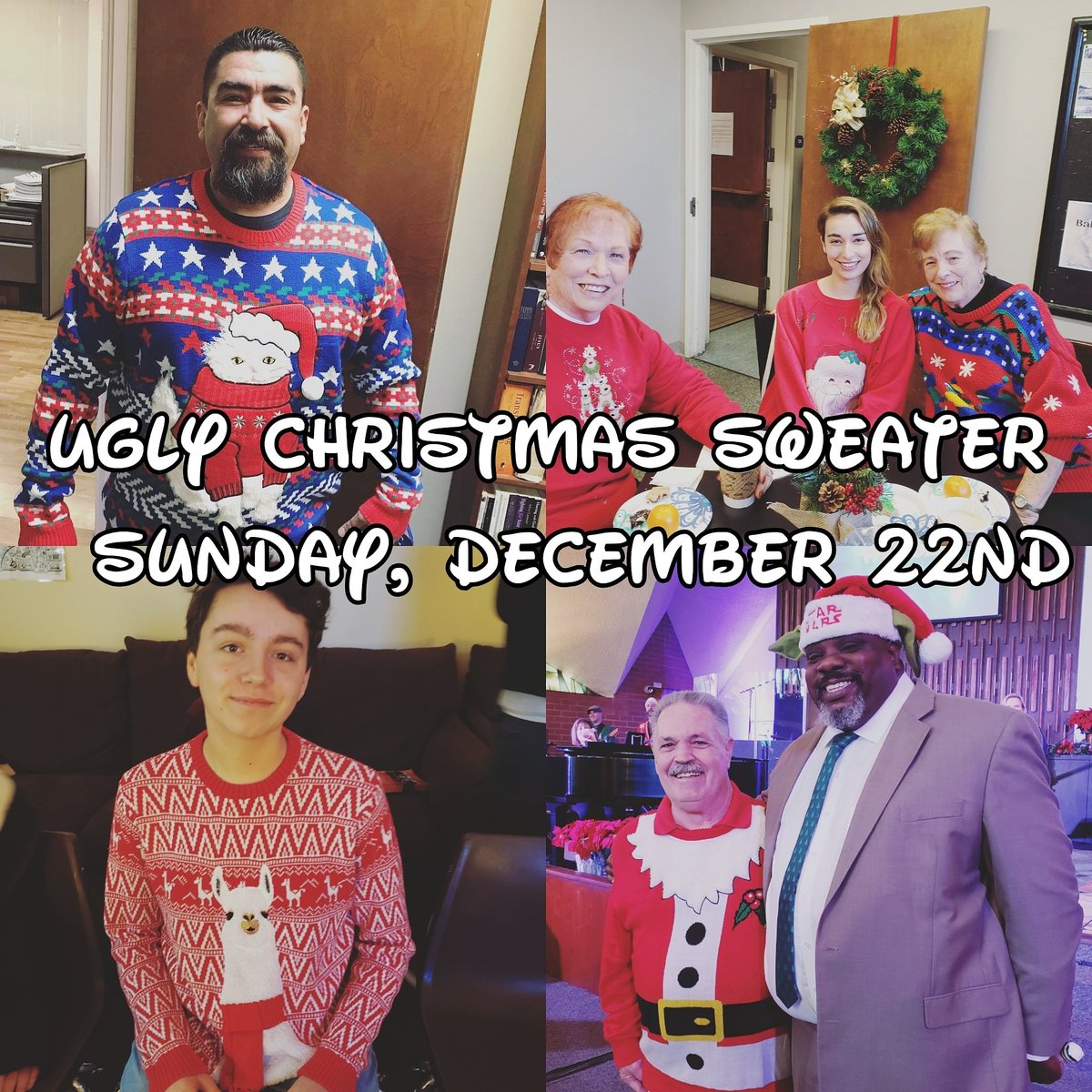 UCCLosAngeles's tweet photo. 🎄Ugly Christmas Sweater Sunday🎄
This Sunday at UCC!
Wear your best or worst Christmas sweater to church.🧣
We hope to see you & your Christmas sweaters this Sunday at 9:30 & 11:00 am. 🎅
#ChristmasAtUCC
#UglyChristmasSweaterSunday
#uccLA #DBD19 https://t.co/xtStNLxKjo