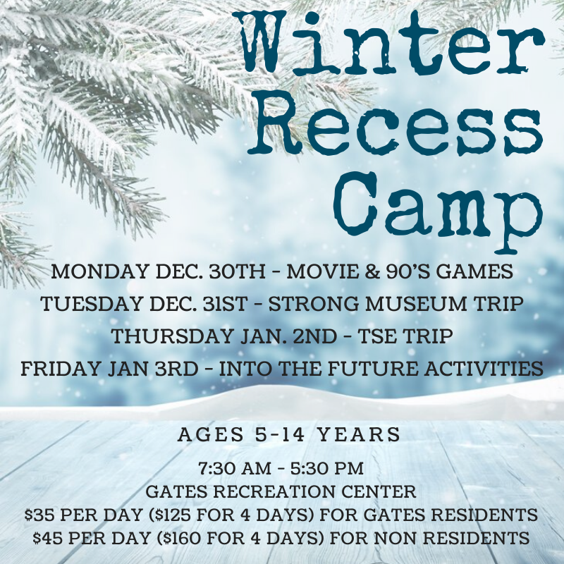 After the holidays, the kids still have a week off!  Sign up for our Winter Recess Camp to keep them entertained.  Registration deadline for this program is Thursday, December 26th.  Participants need to bring a lunch every day.
#gatesrec #gatesrecreation