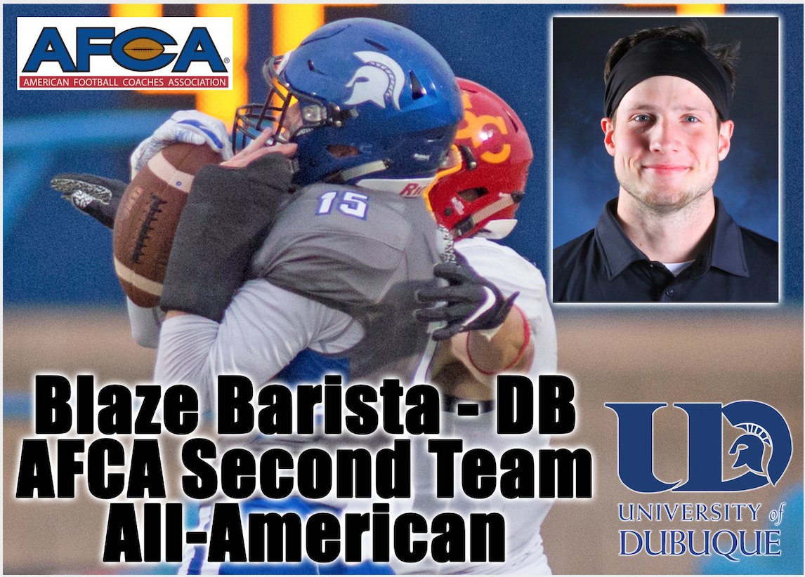 bobbarista's tweet photo. He made the Most of his opportunity to leave a mark at The University of Dubuque. A Great University, Professors, Team, Teammates &amp; Coaches! 
AP All-American ✔️
AFCA Coaches All-American ✔️
Cliff Harris Award Nomination ✔️
ARC All-Conference Team ✔️
School Record - Passes Def ✔️ https://t.co/PJ3fx79f6v
