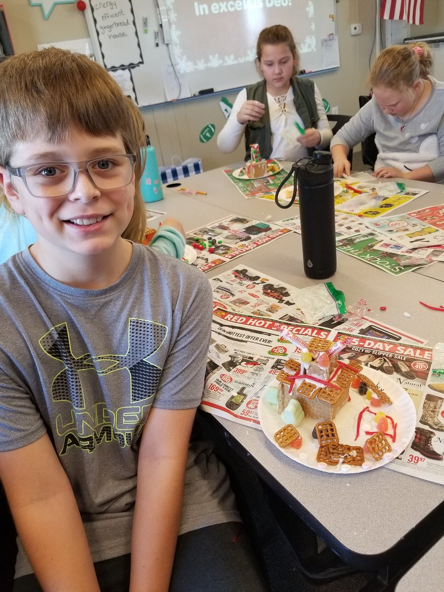 astockmanclass's tweet photo. Ss finished their Energy Efficient 
Gingerbread Houses today! Look closely to see solar panels, smart meters, insulation, and more energy efficient upgrades. @Falcons_BMS https://t.co/RE55ovJ6rI