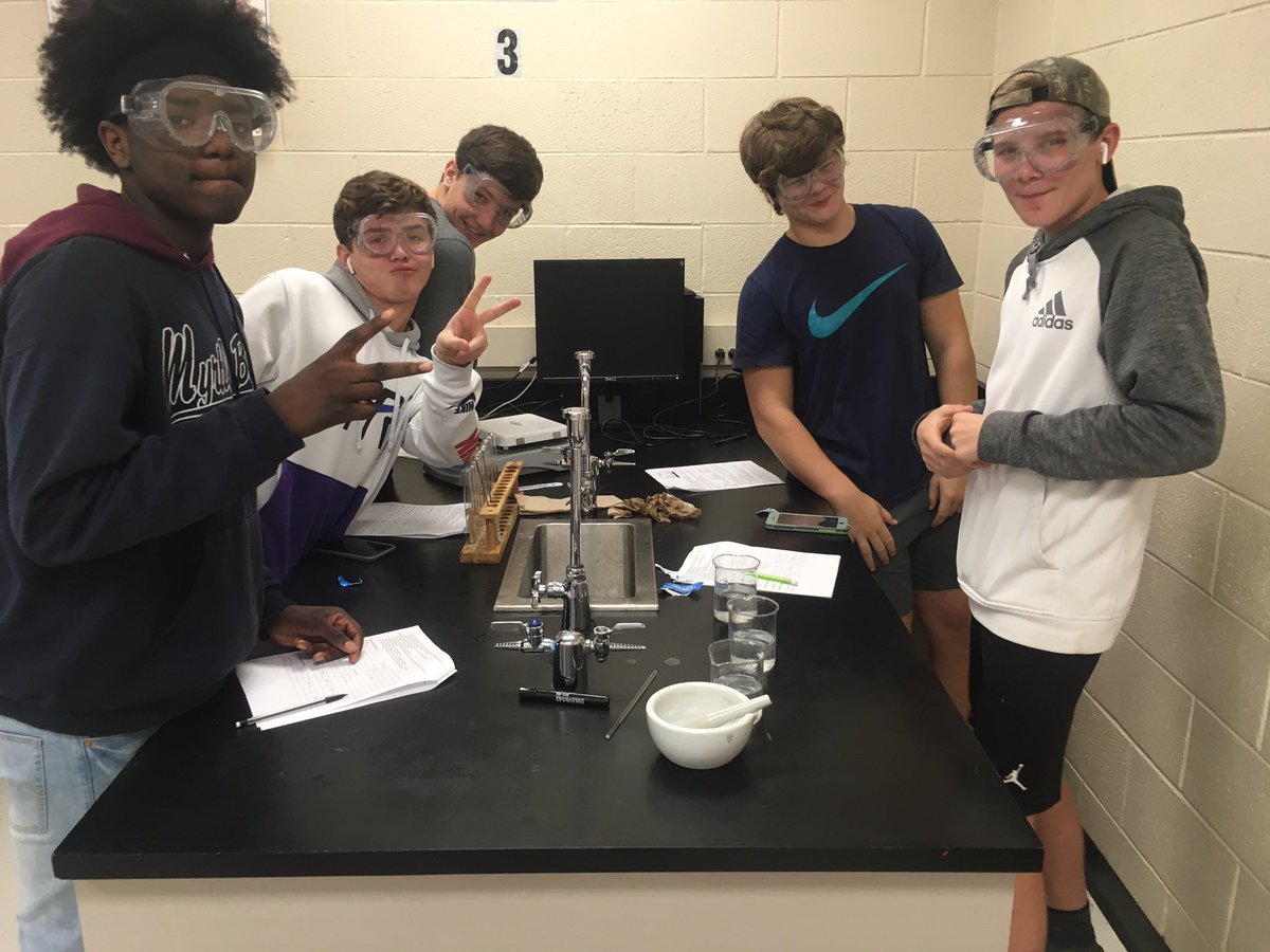 ScienceWithMrL's tweet photo. After 4 weeks of balancing equations and learning about matter our freshman finally made it into the lab to do some of the reactions! #CFPantherLife https://t.co/mtG4Sd7Yfa