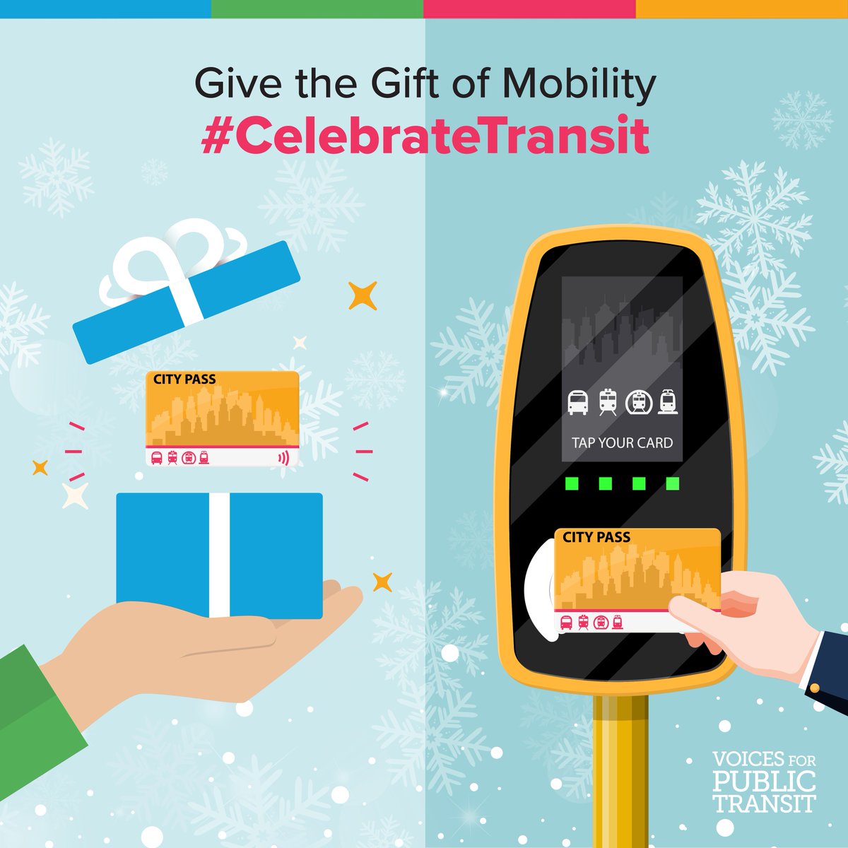 APTA_Transit's tweet photo. Why not give someone a public transit fare card - it’s a great way to provide access to greater opportunities this holiday season. #CelebrateTransit https://t.co/YvbEWO1BZe