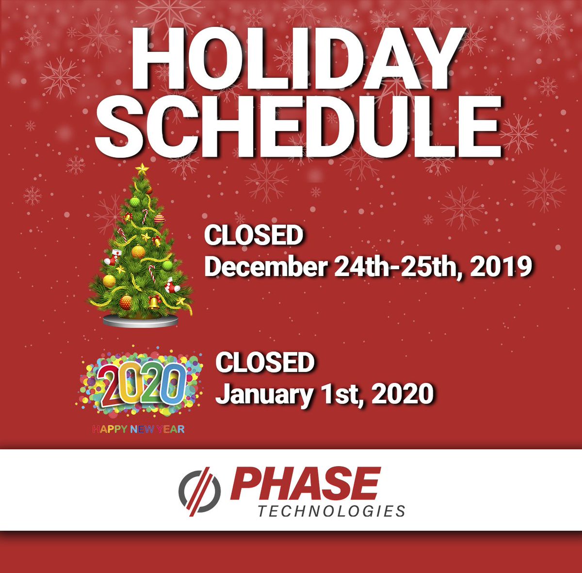 Just a quick note to let you know of our holiday schedule at Phase Technologies. 
We are closed December 24-25th for Christmas &amp; January 1st for New Years. 
Happy holidays to all of you!
#merrychristmas #happynewyears #holidayschedule #phasetechnologies #phaseperfect