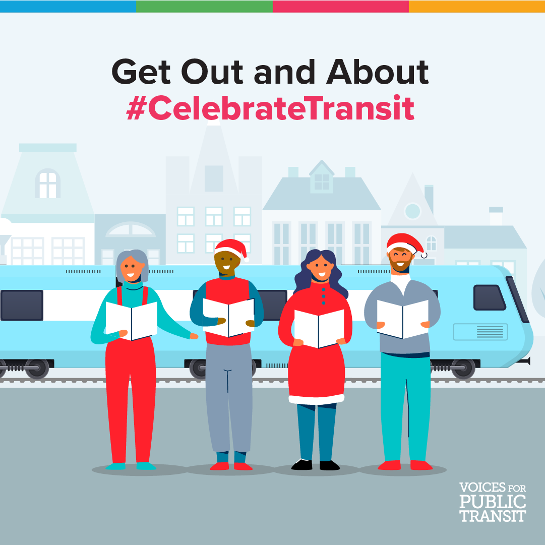 APTA_Transit's tweet photo. Public transit is a great way to connect with friends, family and communities during the holidays. Meet up with someone you haven’t seen in a while, go to a performance, or enjoy a nice meal out, without the hassle of driving. #CelebrateTransit https://t.co/88nkGVGeTj