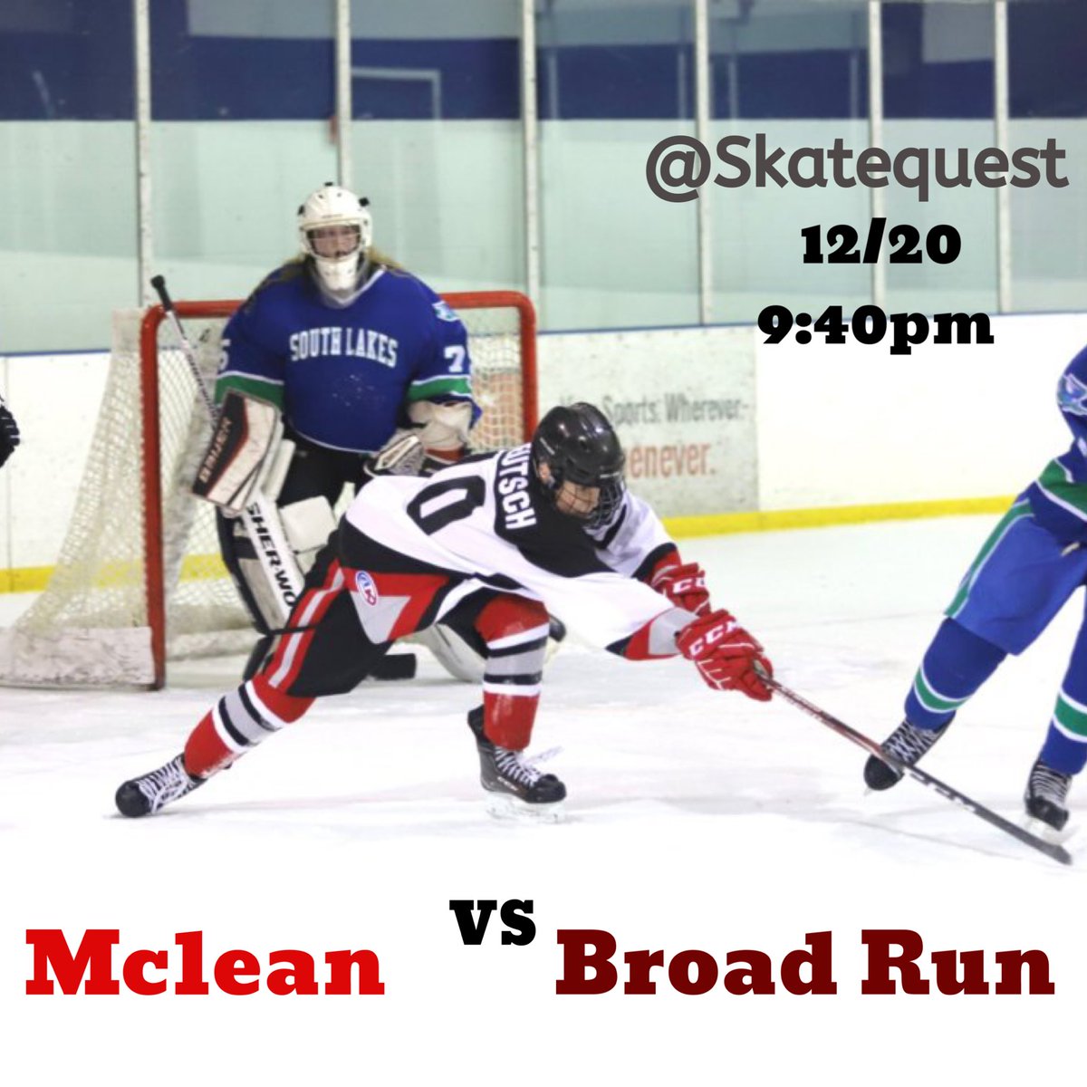 GoMcLeanHockey's tweet photo. Mclean VS Broad Run, Friday December 20th 9:40 pm @skatequest in Reston. Come support McHockey🏒🏒 Free admission🎟 https://t.co/eHzjGptAJ6