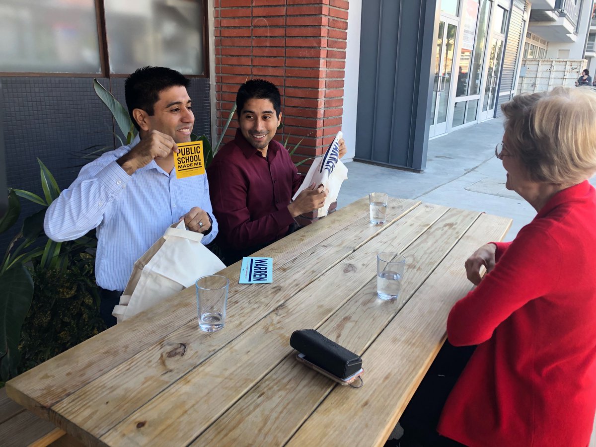ewarren's tweet photo. I had a wonderful time with Francisco and Jose—the winners of our @TeamWarren contest—today in Los Angeles before the #DemDebate! Thanks for being a part of this fight for big, structural change. https://t.co/M8qFEdx3O2