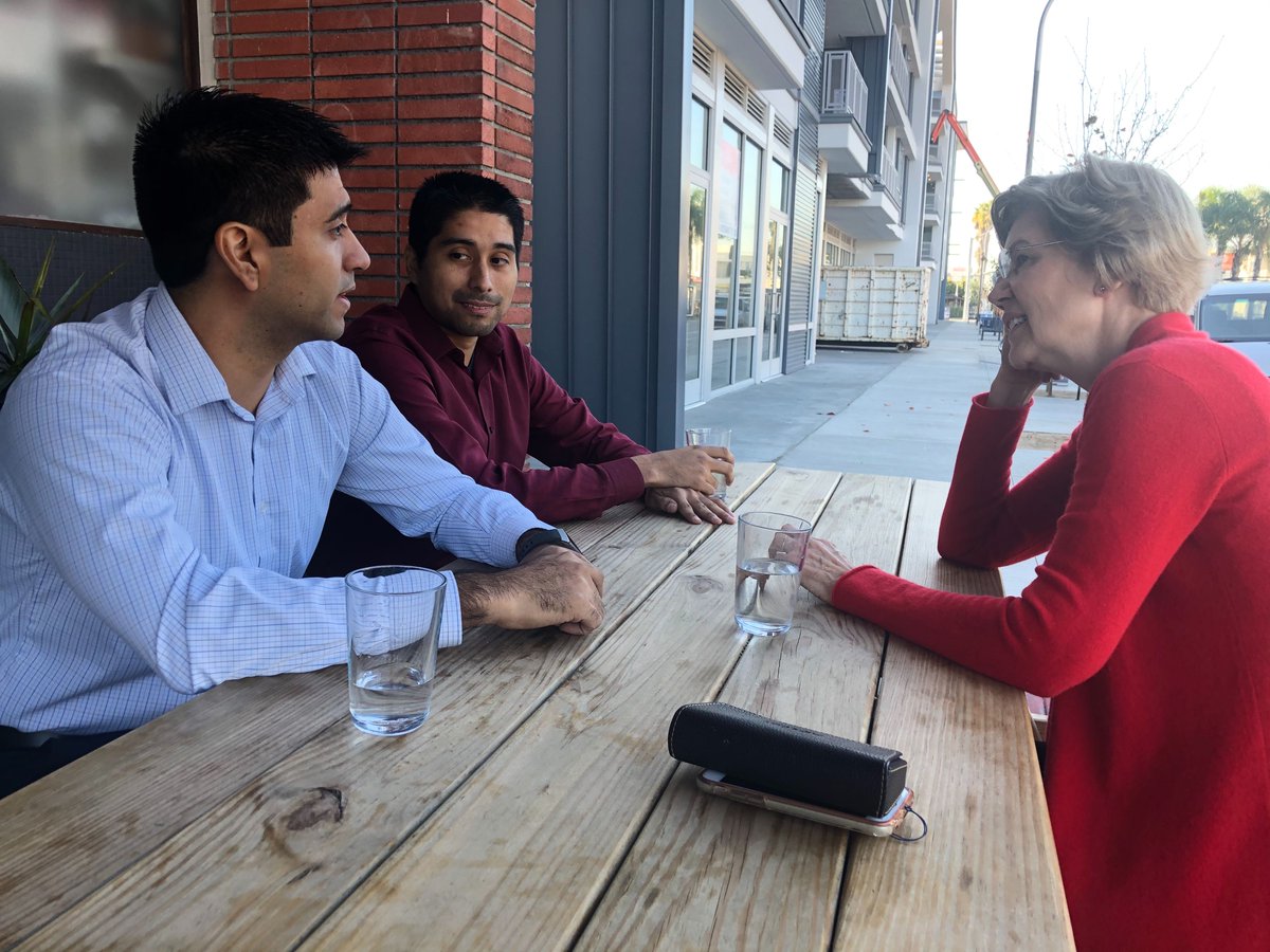 ewarren's tweet photo. I had a wonderful time with Francisco and Jose—the winners of our @TeamWarren contest—today in Los Angeles before the #DemDebate! Thanks for being a part of this fight for big, structural change. https://t.co/M8qFEdx3O2