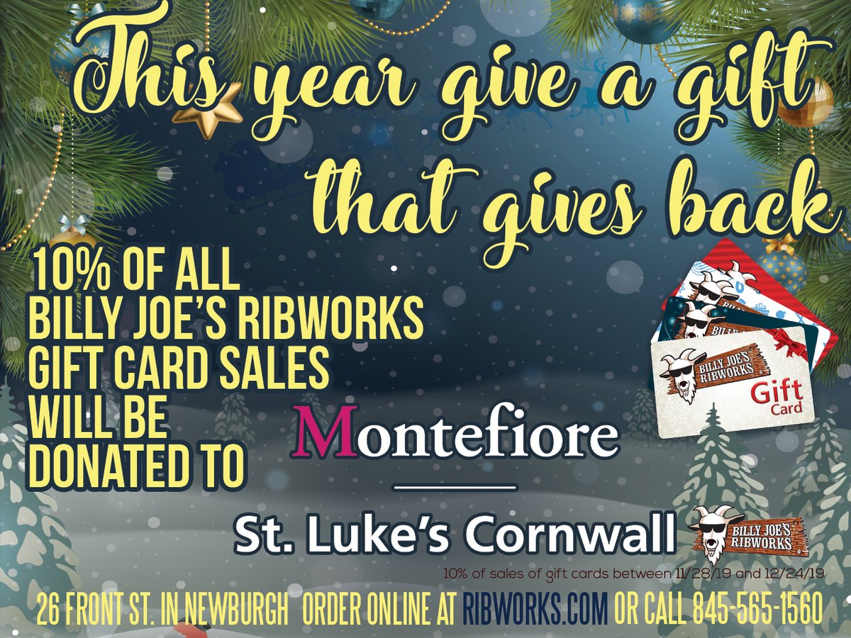 This year give the gift that gives back. 10% of all proceeds will be donated to Montefiore ( St. Luke's)  #ribworks #newburghny #hudsonvalley #party #waterfront #bbq #christmas #giveback