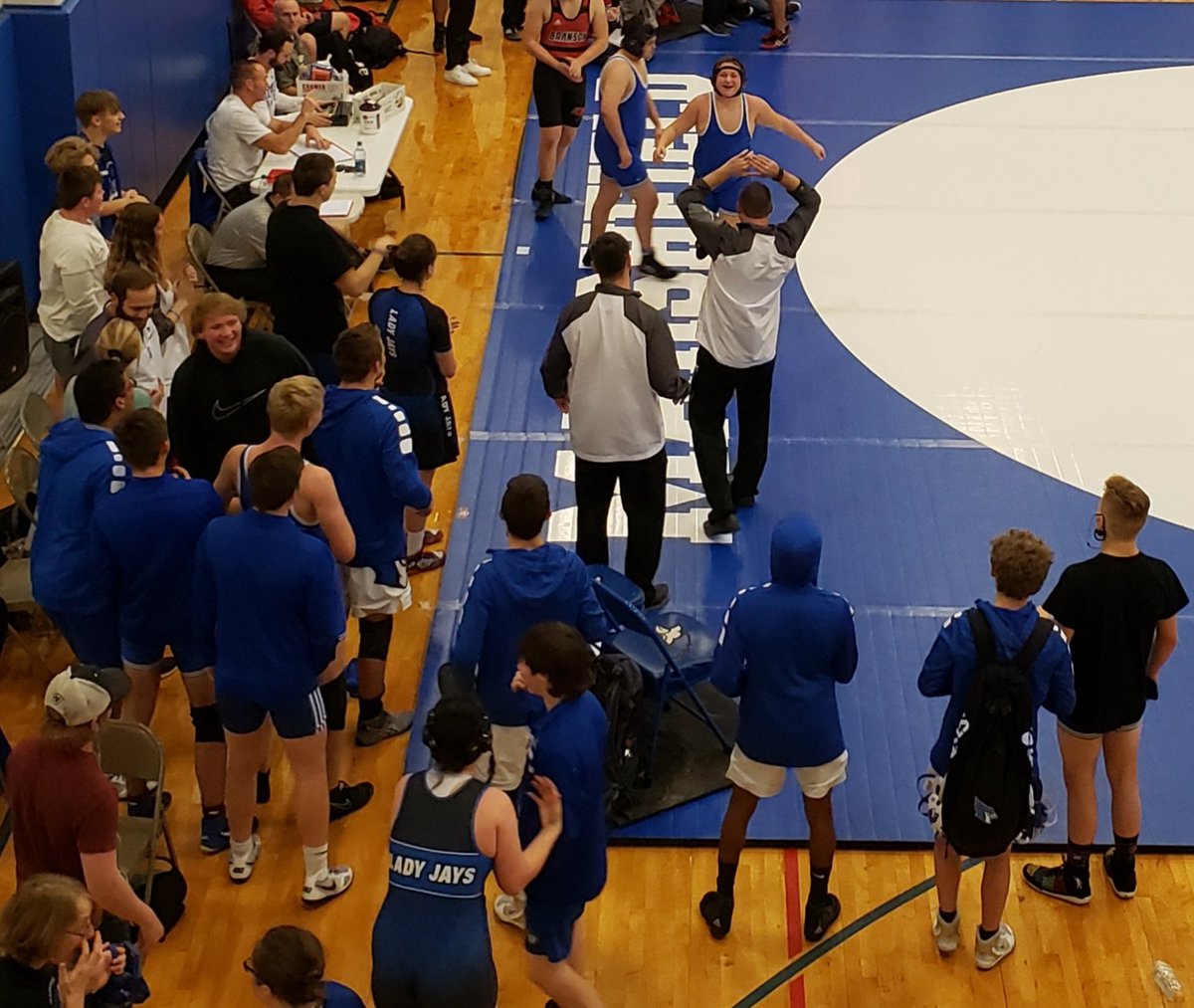 marshfieldmyers's tweet photo. JV win of the night goes to Caleb Hickson.  Down by 10 points he didn't quit and won by pin with just a few seconds remaining.  Great effort and joy. https://t.co/qOJRRmlrWo
