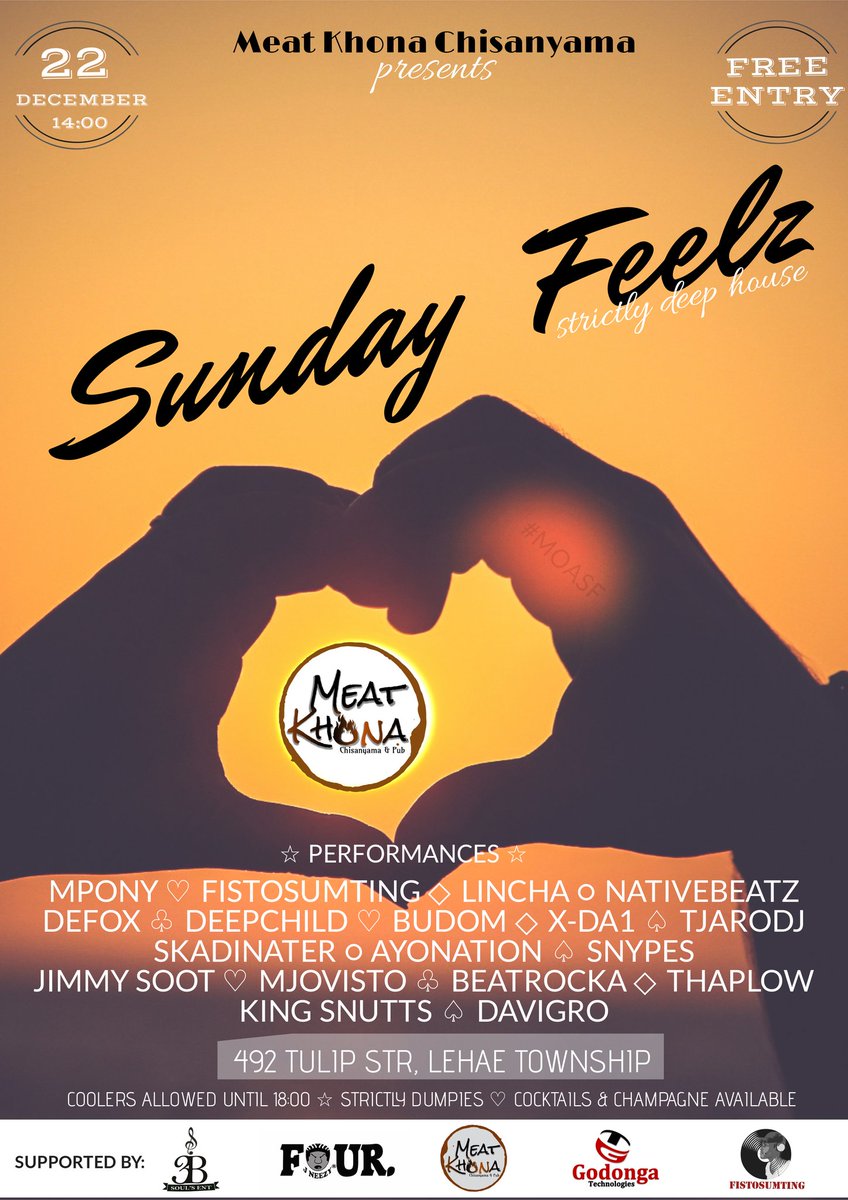 MeatKhona's tweet photo. Please come join us for our last *#SundayFeelz* _strictly #deephouse_ for '19. #MOASF Strictly Deep House @themeatkhona. Every #SundayFeelz is for the #deephouse lovers.
#meatkhona #jneezy #lehae #goodmusic #housemusic #housemusiclovers https://t.co/f4ASXcZuXV