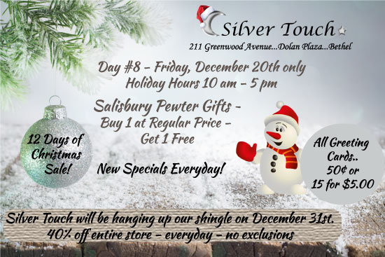 silvertouch211's tweet photo. 🎄12 Days of Christmas Sale at Silver Touch!
Day #8 – Friday, December 20th only.
Holiday Hours - Open 10 am - 5 pm.
Salisbury Pewter Gifts 🎁 Buy 1 at Regular Price and Get 1 Free. 🎄#thisisbethel #shoplocal #12daysofchristmas #SilverTouch https://t.co/YvUqJa3RD7