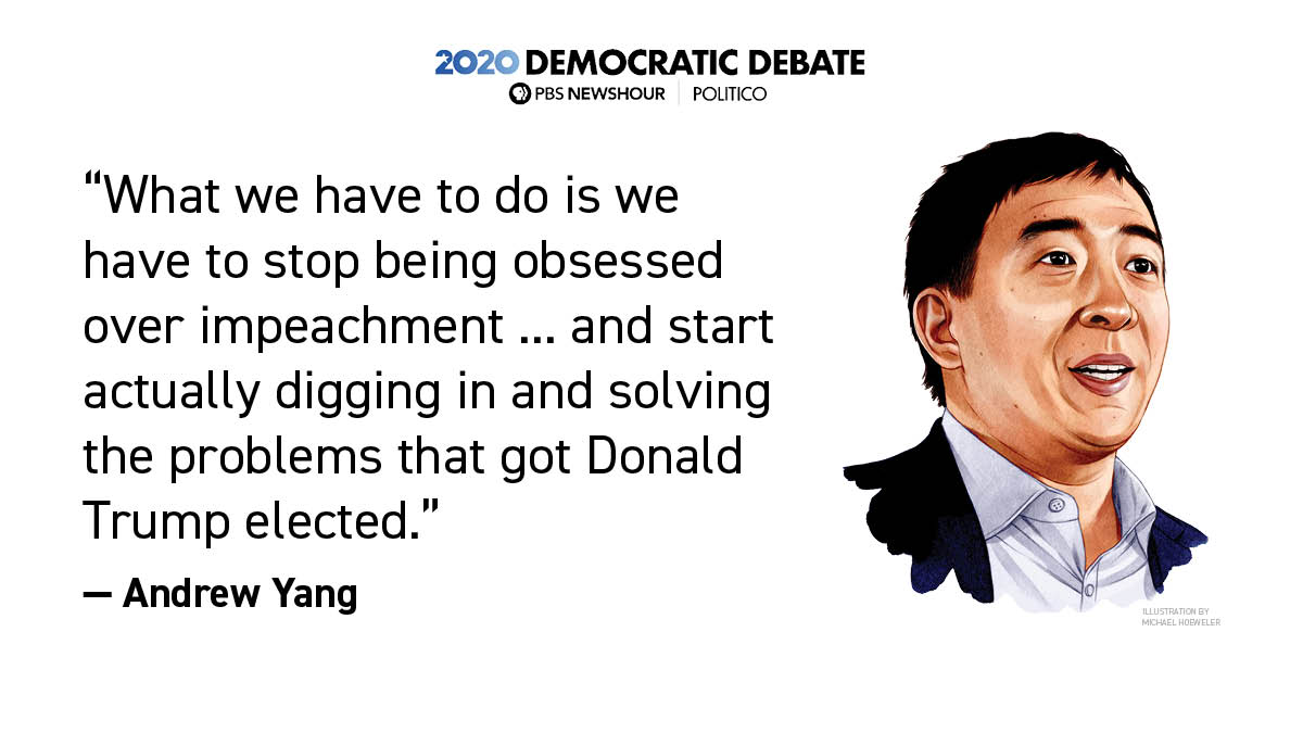 politico's tweet photo. @davidsiders @PoliticoCharlie A #DemDebate observation from reporter @davidsiders: “Yang is maybe the only candidate to directly answer the impeachment question.”

https://t.co/YenrbRm6Ig https://t.co/wqFLdWlciE