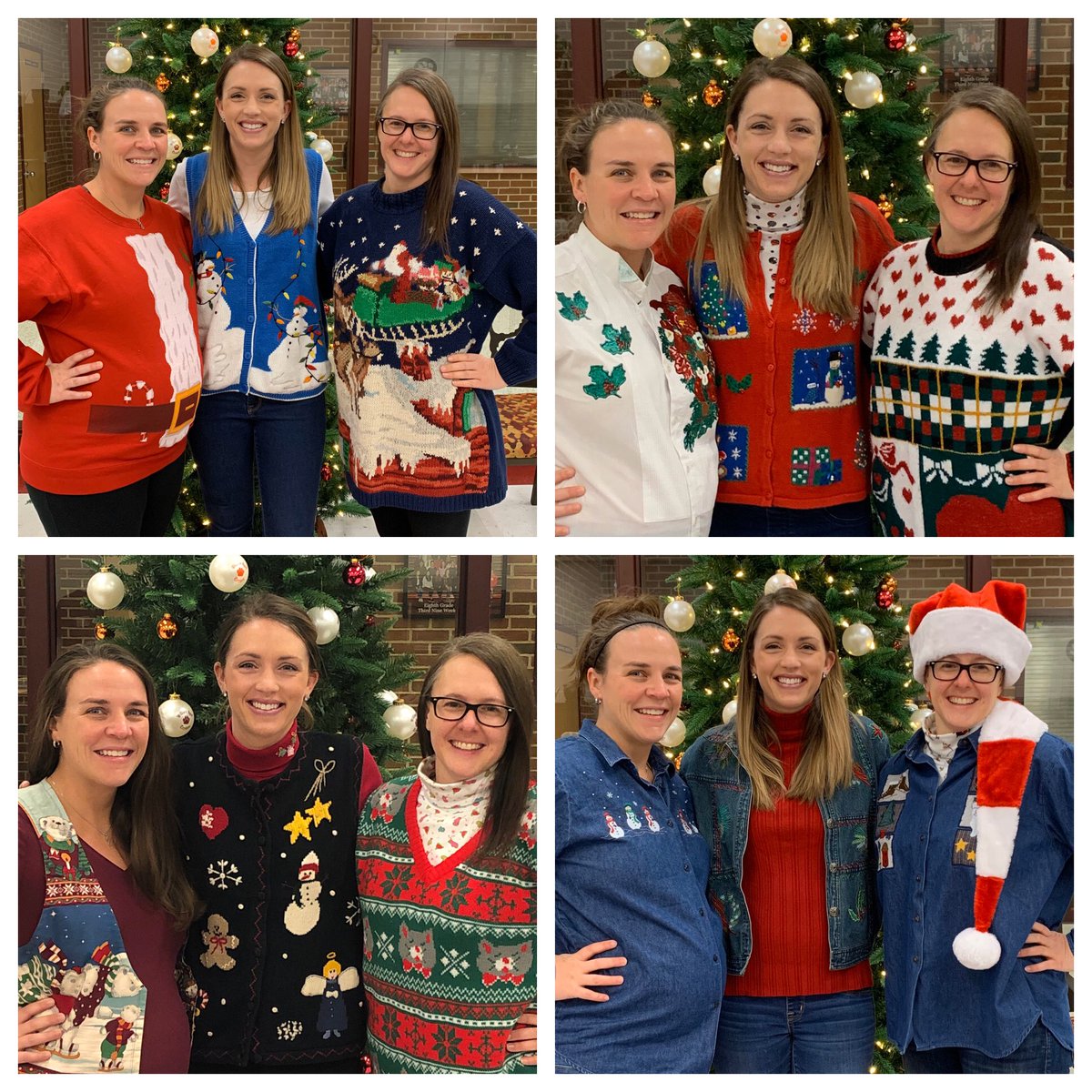 DoYourPartsch's tweet photo. How long does it take to compile a collection of approximately 30 Christmas sweaters? Years! That’s why @thejennycain1, @coachkmitchell, and I love showing them off every year for @WBMS5! #6sleepstilsanta #countdowntochristmasbreak #8thgradepridetomorrow https://t.co/dL3X78y7bW