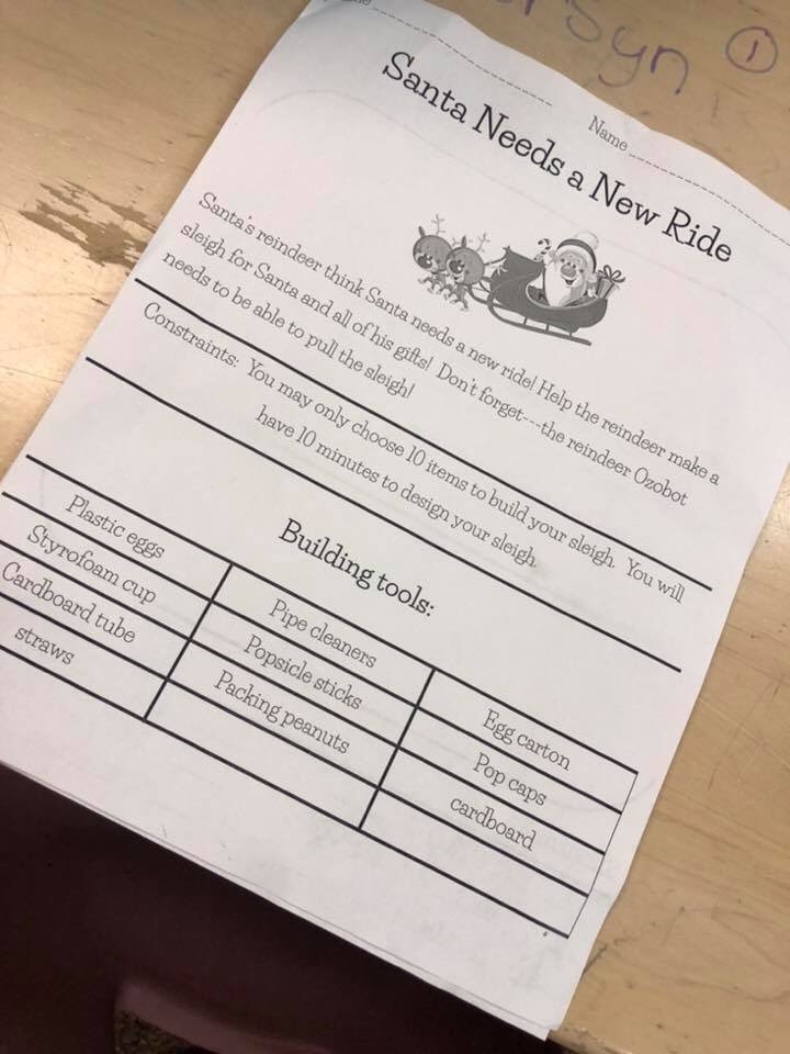 kellylake78's tweet photo. Santa needs a new ride! 2nd grade Ss helped redesign Santa’s sleigh. Sleighs has to be pulled by our “reindeer” Ozobots. @Ozobot #codingrules #christmasSTEM #custercougars https://t.co/RAw26dVhEb