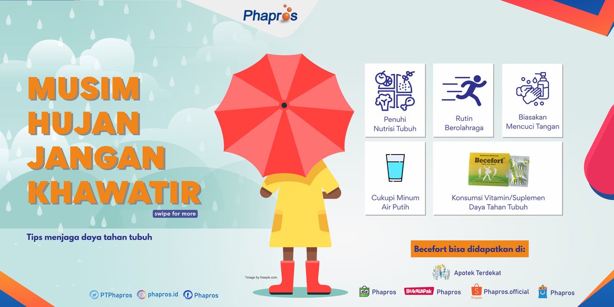 PTPhapros's tweet photo. (1/2) Hujan yang sering mengguyur akhir-akhir ini nih Sobat Phapros, selain mempengaruhi mobilitas sehari-hari juga dapat menyebabkan gangguan kesehatan yang serius.
#Influenza #TipsMusimHujan #Becefort #Vitamin #SuplemenMakanan #AirPutih #Hujan #Phapros2019 #Phapros https://t.co/hqdqBNltiT