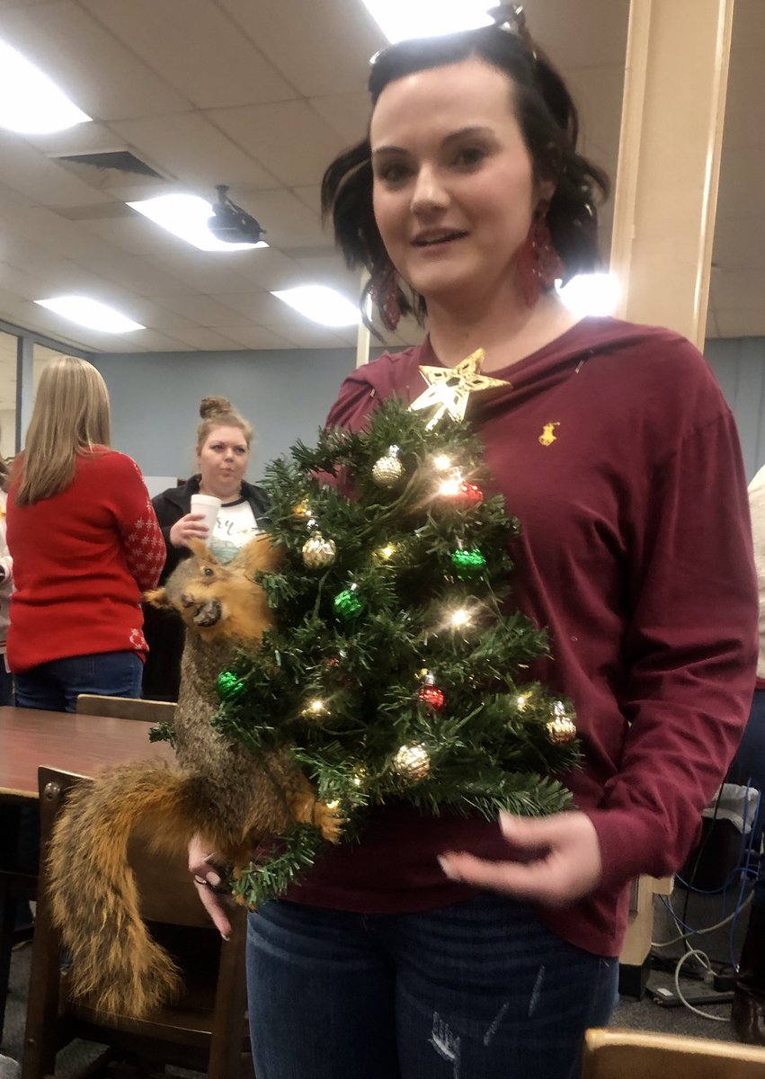 Tresbirds's tweet photo. Congratulations to one of my favorite teachers sporting the winner of the Ugly Christmas Sweater. Nothing Says “Christmas”like a Dead Squirrel 🐿 #UglyChristmasSweater #ChristmasVacation #SquirrelInTree #ChristmasTree #DeadSquirrel @CorsicanaHigh #TCC #MsPrice https://t.co/FI1s2KVF7j