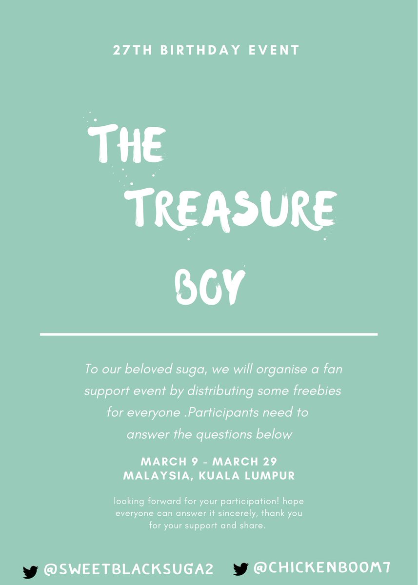 Thetreasureboy1's tweet photo. 2020  OUR LOVER💜
FOR BTS SUGA
28th BIRTHDAY 
FANS SUPPORTING
IN Malaysia
THE TREASURE BOY SUGA

📆Date : 09/03/2020 - 29/03/2020
First 100 person RT we be giving our limited photocard
DON'T FORGET TO ANSWER THE QUESTIONS
LINK IN BELOW
https://t.co/sdp5YvLQm1
#ThetreasureboySUGA https://t.co/QB5Qphqn1h