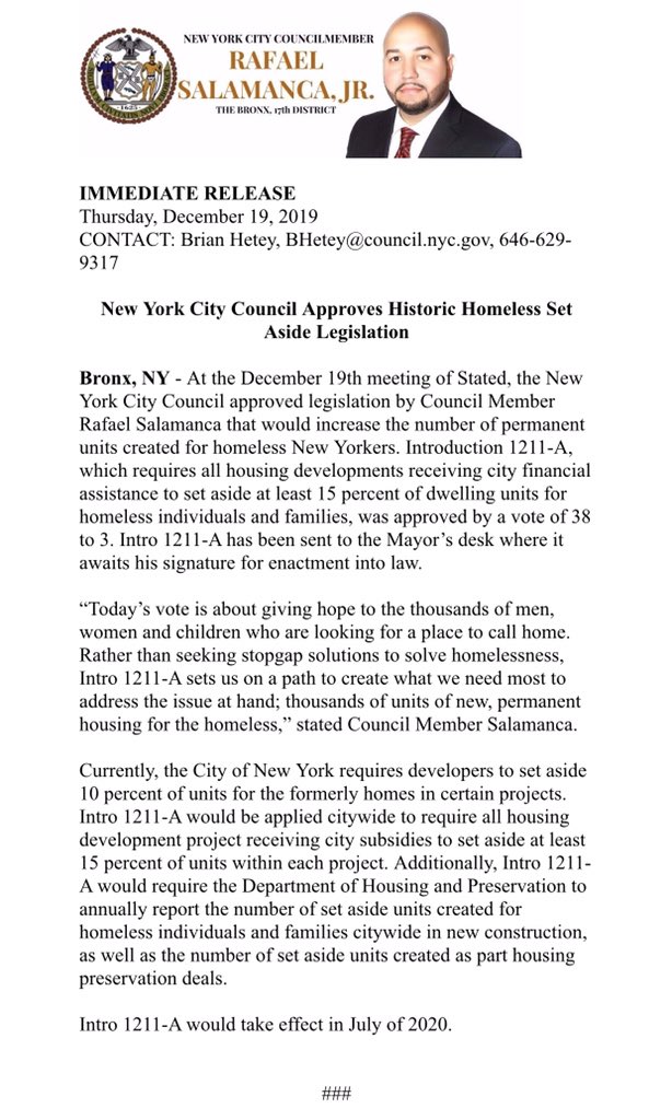 Salamancajr80's tweet photo. New York City Council Approves Historic Homeless Set Asisde Legislation https://t.co/ZGrqHYYY8z