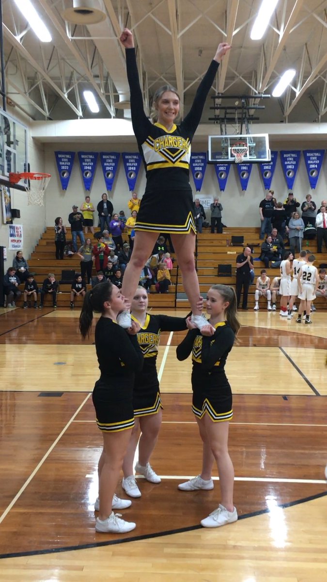 CariGruber's tweet photo. Charger cheerleaders are flying high after the girls’ win. We’re ready to cheer the boys on to a victory against Glidden Ralston tonight! #cheer #cheerbasketball #chargerpride https://t.co/fRk0PLUlWi