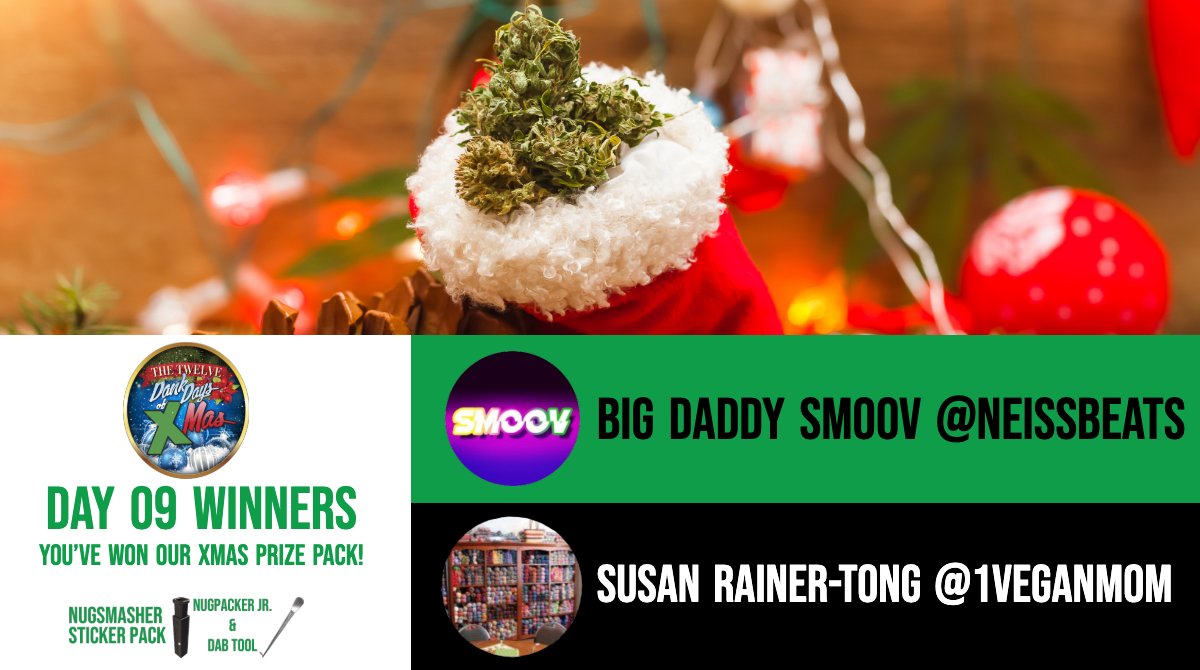 Nugsmasher's tweet photo. Help us in congratulating the winners of our daily 12 Dank Days of Xmas runner ups @1veganmom and @NeissBeats! Enter for your chance to win our grand prize bundle at https://t.co/vmMJpWBaFS to win! Time is running out! #12DankDaysofXmas #NugSmasher #THC #CBD #contest #retweet https://t.co/AlvAdUSmAc