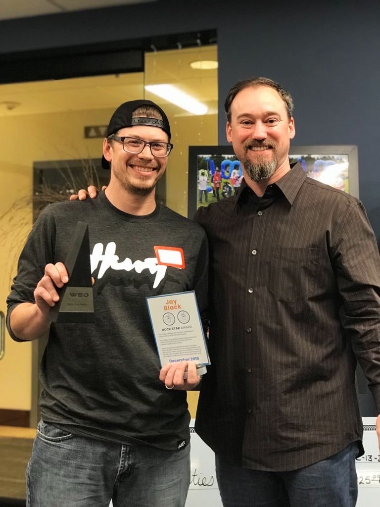 WEOMedia's tweet photo. At WEO, we nominate operations team members who exemplify our core values to receive an Innovator Award, a Rock Star Award, a Spirit Award, and a Client Hero Award. Congrats to Kate, Jay, Jessica, and Elijah on your awards! https://t.co/zar3WiAxha