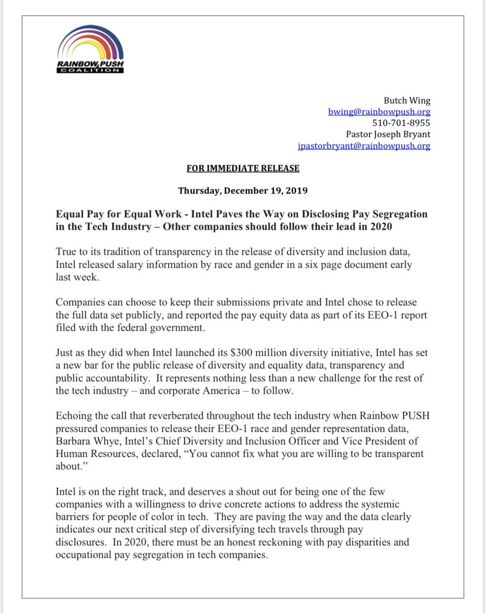 RevJJackson's tweet photo. FOR IMMEDIATE RELEASE
Thursday, December 19, 2019
Equal Pay for Equal Work - Intel Paves the Way on Disclosing Pay Segregation in the Tech Industry – Other companies should follow their lead in 2020. #KeepHopeAlive! https://t.co/0sg5tv7XPt