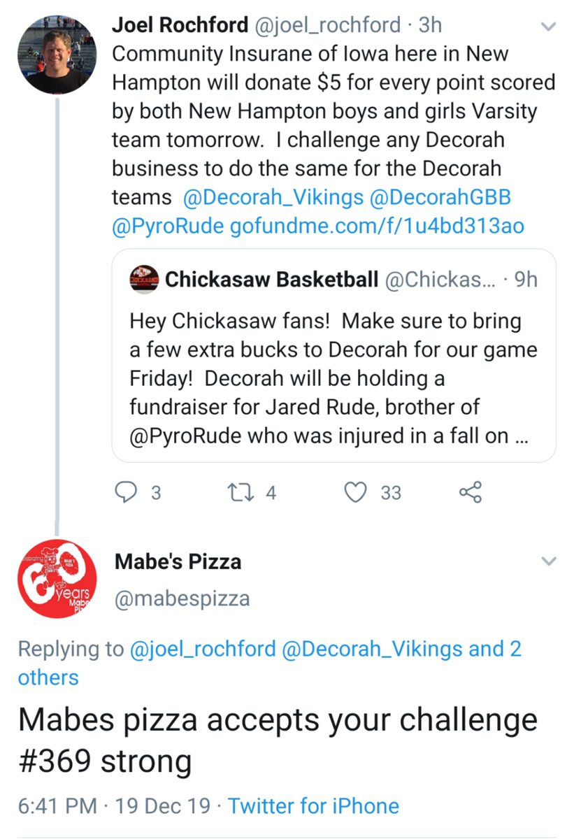 CHALLENGE ACCEPTED
Mabe's Pizza will donate $5 for every point scored by both Decorah boys and girls Varsity basketball teams tomorrow for their games against New Hampton.

The proceeds from this challenge will go to the Jared Rude Recovery.

<a href="/joel_rochford/">Joel Rochford</a> 

#369Strong