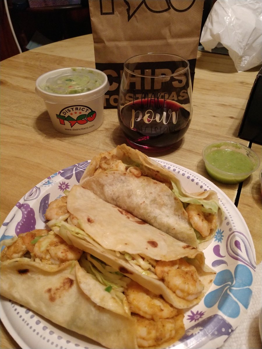 jbaLibrarian's tweet photo. shrimp tacos, guac, chips, wine. happy birthday to me! #ApothicInferno #DistrictTaco https://t.co/wY6y44BjJn