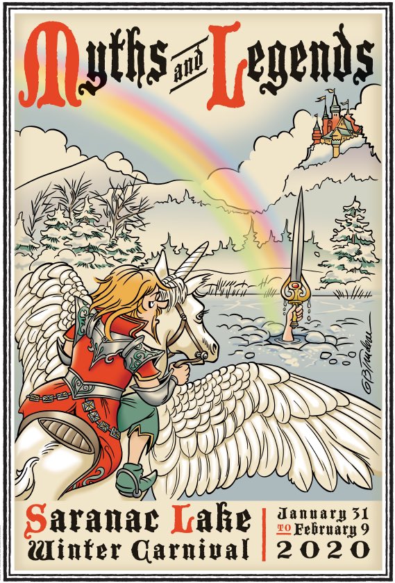 saranaccarnival's tweet photo. 2020 Winter Carnival poster is on sale! Find out more on our website: https://t.co/u9qEFuVjY5 2020 buttons are not yet available.  A very special thanks to Garry Trudeau for designing our posters since 2012 and our buttons since 1981 to benefit carnival! https://t.co/YD49ieXO8e