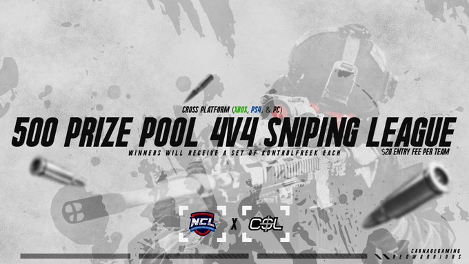 CSnipingL's tweet photo. @CSnipingL x @NCODLeague $500 4v4 Sniping League

• January 15, 2020
• Top 3 Get Prize Winnings
• 6 divisions, 4 teams each
• $20 Entry
• @PlayStation , @Xbox , PC
• 6 man teams (4 starters, 2 subs)

Any questions, DM @CSnipingL 

How to sign up
https://t.co/vyr6yJQBzW https://t.co/byMhdXsc9N
