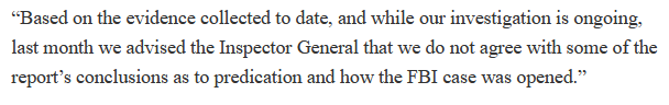 Durham’s last known visit to Italy was made in late Sept. 2019, indicating that his advisement to Horowitz:"last month we advised the Inspector General that we do not agree with some of the report’s conclusions"was made in the weeks immediately following Durham’s Italy trip.