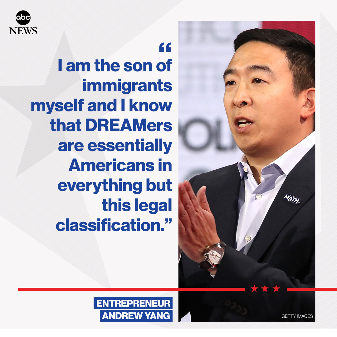 Andrew Yang says he would back a permanent fix for DACA: "I am the son of immigrants myself and I know that DREAMers are essentially Americans in everything but this legal classification." abcn.ws/2EzYAXA