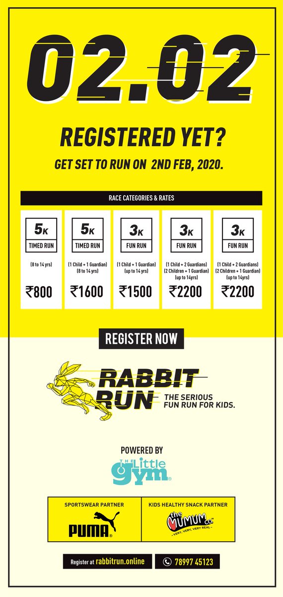 You can register on @Eventjini or @townscript @TLG_India
@PUMA  #RabbitRunIndia #SeriousFunRunforKids #kidsrun #FamilyRun #healthylifestyle #Runners #bangalore #CubbonPark #kidsrunning #healthy #FitFamily