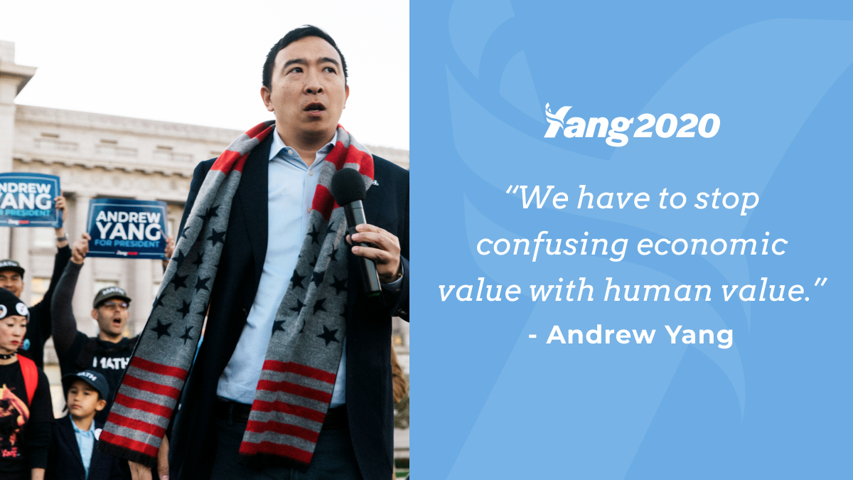 AndrewYang's tweet photo. We have to be able to say to our kids that you have intrinsic value because you are an American and you’re a human being. #DemDebate #YangGang https://t.co/nsHhiUZaig