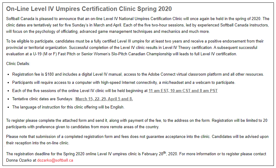 SoftballOntario's tweet photo. Softball Canada is pleased to announce that an on-line Level IV National Umpires Certification Clinic will once again be held in the spring of 2020. The clinic dates are tentatively set for five Sunday’s in March and April.  

Details > https://t.co/vhkcWnKui1 https://t.co/SQRnRUT1we