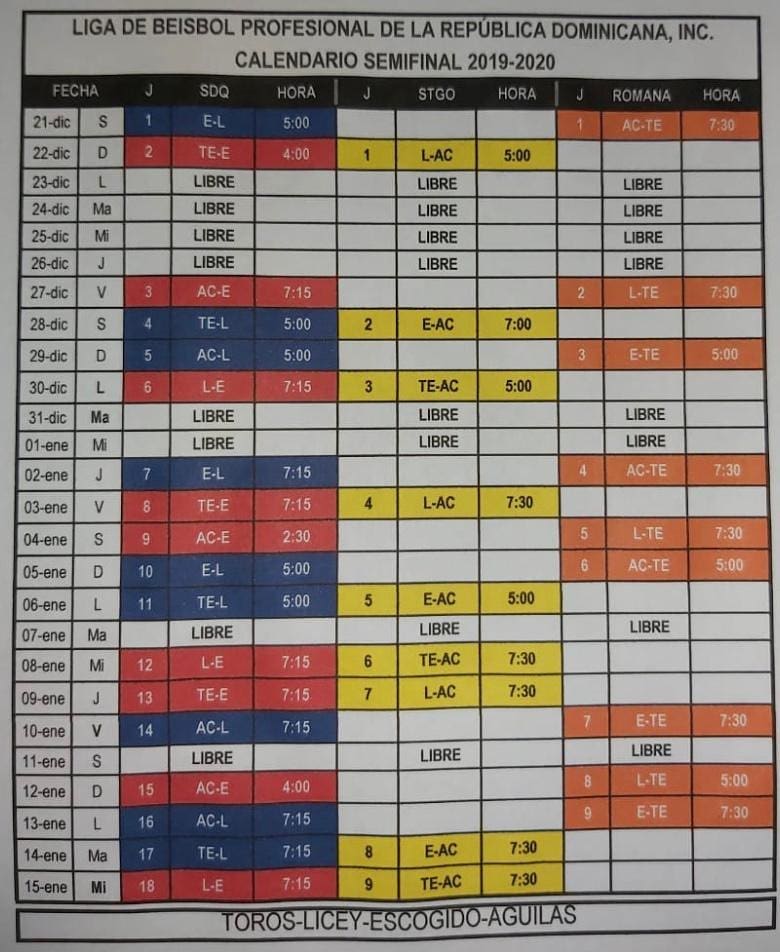 AllSportsDR's tweet photo. Calendario de la Serie Semifinal 2019-2020 #LIDOM | #Toros #Licey #Escogido #Aguilas https://t.co/p9ccKojgrE