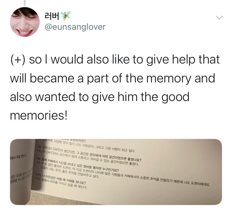 withdosang's tweet photo. 💌—191220

👤: ถ้าคุณสามารถเลือกเมมเบอร์ไปใช้เวลาที่คาเฟ่ด้วย คุณจะเลือกใคร
🐱: โดฮยอนนี่! เพราะอายุของโดฮยอนตอนนี้เป็นเวลาที่สร้างความทรงจำกับผู้อื่น ดังนั้นเลยอยากช่วยเป็นส่วนหนึ่งให้ความทรงจำที่ดีกับโดฮยอน 

cr.eunsanglover

#วันนี้โดซังมีโมเม้นหรือยัง #dosang #โดซัง https://t.co/cHAcIdhRfu