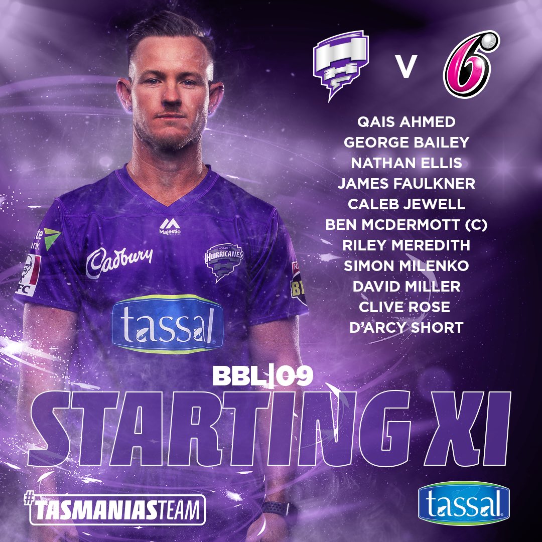 We have won the toss up here in Alice Springs and we’ll be taking the bat first 🏏 

Both Miller and Ellis will be making their debut for the Hurricanes! 🎉🙌🏼

#TasmaniasTeam #BBL09